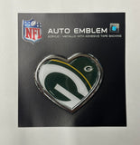 Green Bay Packers Heart Shaped Acrylic-Metallic Auto Emblem