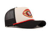 San Francisco 49ers 2024 Historic Sideline Cream A-Frame New Era 9FORTY Trucker Rope Hat