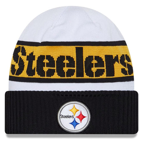 Pittsburgh Steelers New Era White/Black 2023 Sideline Tech Cuffed Knit Hat