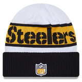 Pittsburgh Steelers New Era White/Black 2023 Sideline Tech Cuffed Knit Hat