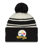 Pittsburgh Steelers Official 2022 NFL Sideline Sport Cuffed Pom New Era Knit Hat - Cream/Black