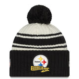 Pittsburgh Steelers Official 2022 NFL Sideline Sport Cuffed Pom New Era Knit Hat - Cream/Black