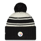 Pittsburgh Steelers Official 2022 NFL Sideline Sport Cuffed Pom New Era Knit Hat - Cream/Black