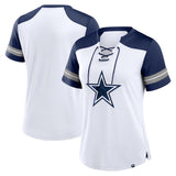 Dallas Cowboys Official Fanatics White/Navy Foiled Primary Women’s Lace-Up T-Shirt