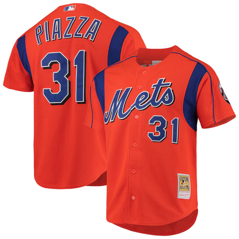 New York Mets Mike Piazza Mitchell & Ness Cooperstown Collection Button Up Jersey- Orange/Blue